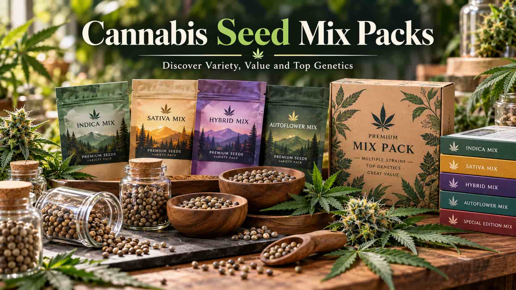 Paquets mixtes de graines de cannabis : mélanges Indica, Sativa, Hybride et Autofloraison, boîte Premium Mix Pack et bocaux de graines