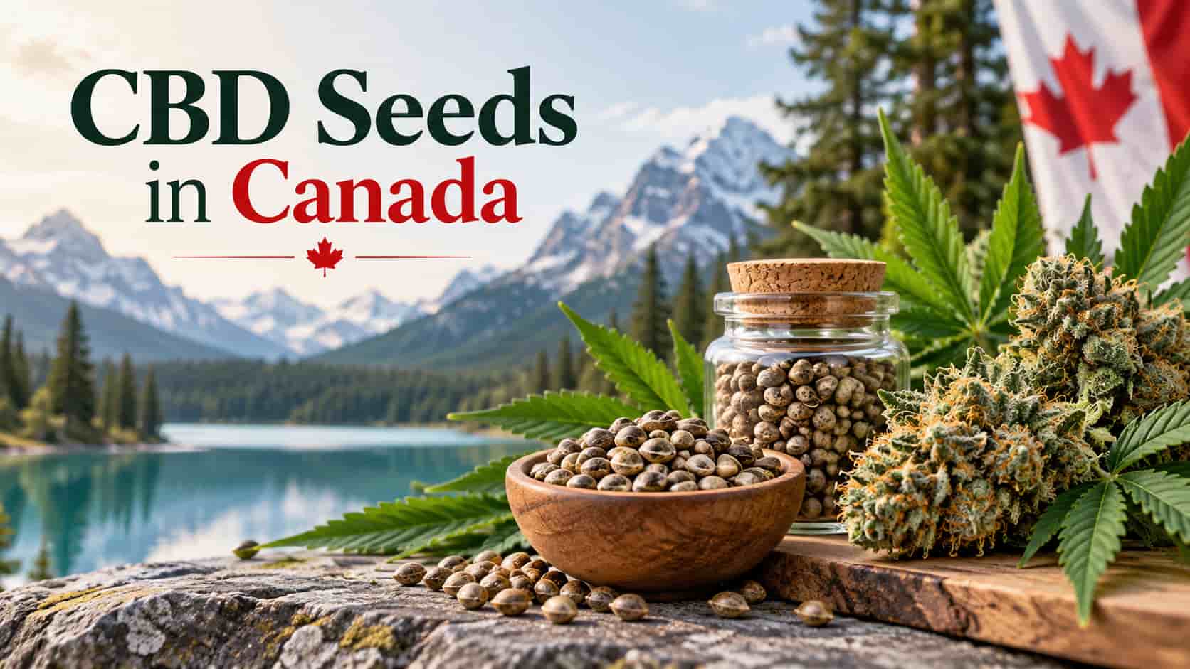 CBD cannabis seeds in a wooden bowl and glass jar with cannabis buds and a Canadian flag beside a mountain lake