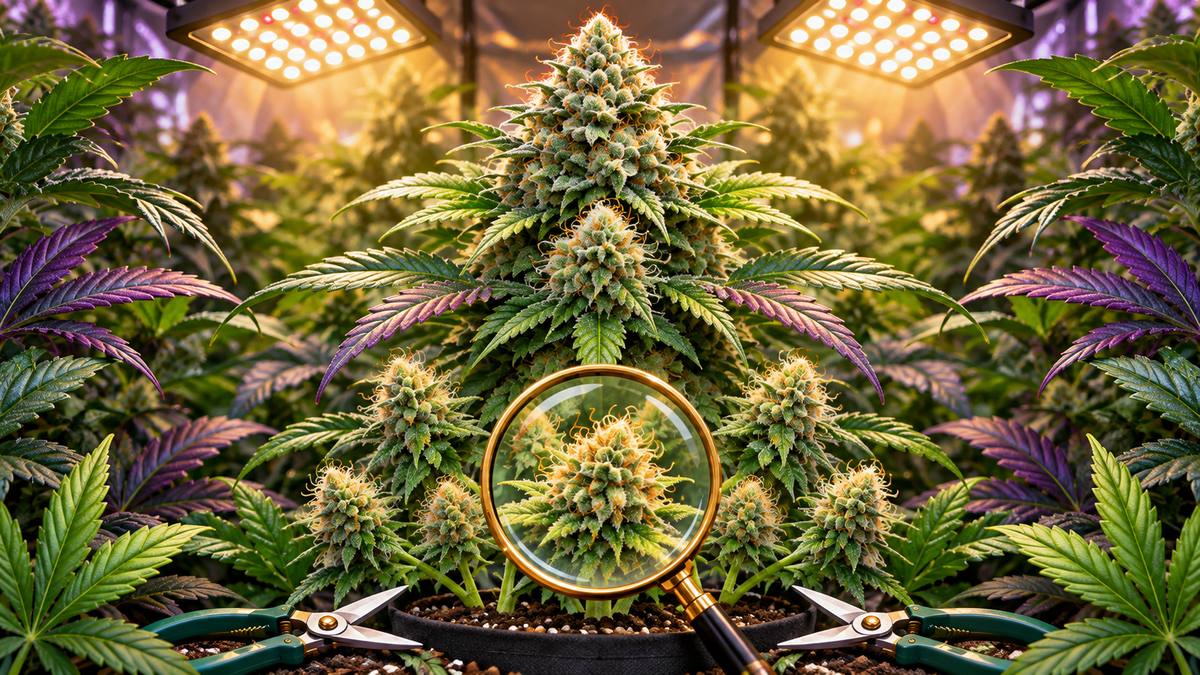 Popcorn buds under a magnifying glass on a cannabis plant in a grow room
