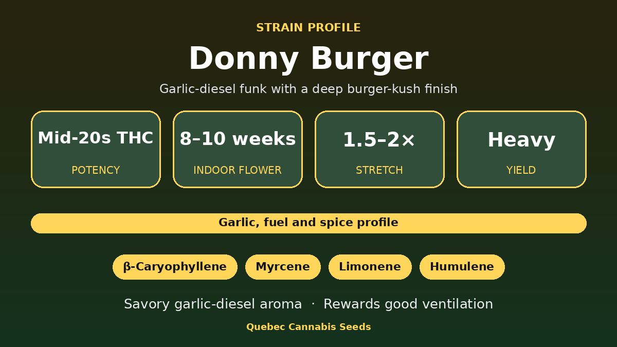 Donny Burger strain profile: mid-20s THC, 8 to 10 weeks indoor flowering, 1.5 to 2 times stretch, heavy yield