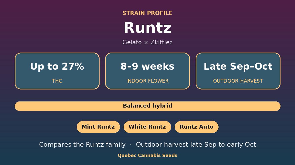 Runtz strain profile: up to 27% THC, 8 to 9 weeks indoor flowering, balanced hybrid