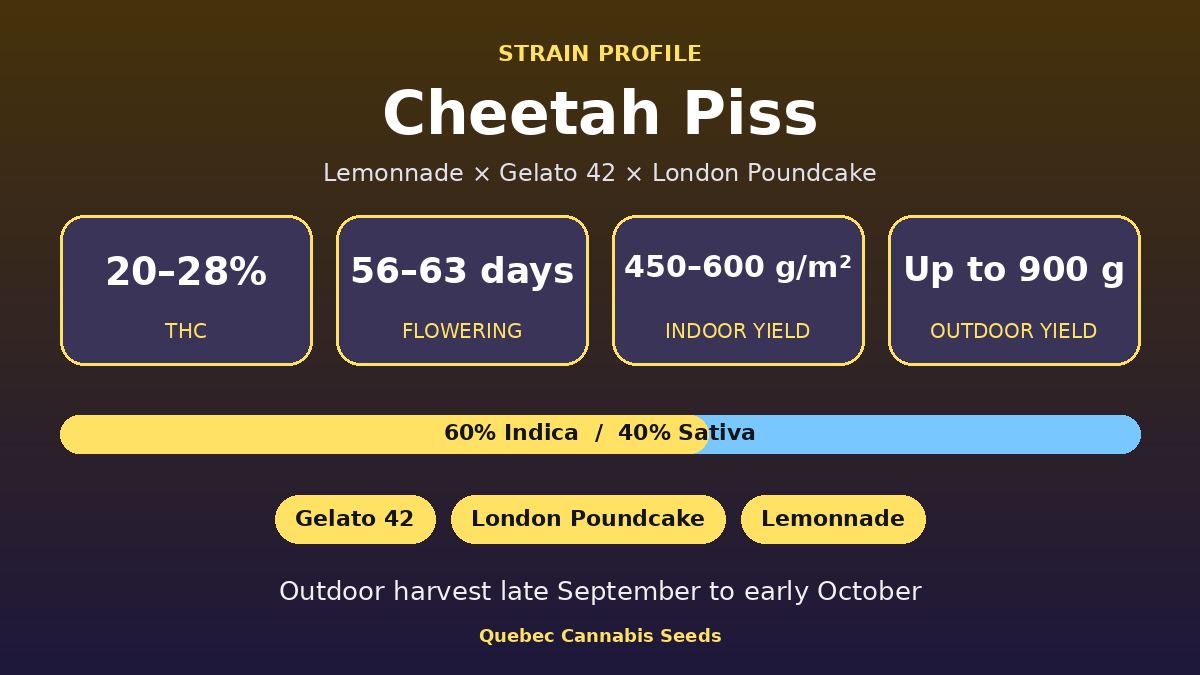 Cheetah Piss strain profile: 20 to 28% THC, 56 to 63 days flowering, 60% sativa