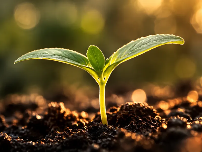 Autoflowering cannabis seedling sprouting from the soil at sunrise