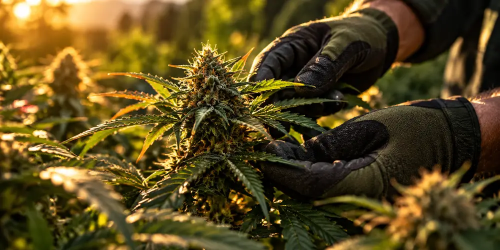 Gloved hands inspecting a cannabis flower at sunset