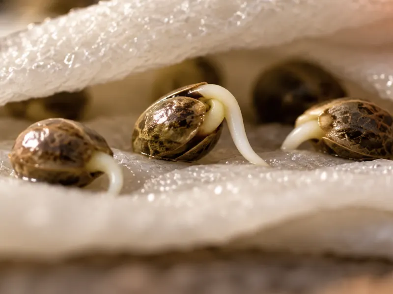 Cannabis seeds germinating on a damp paper towel