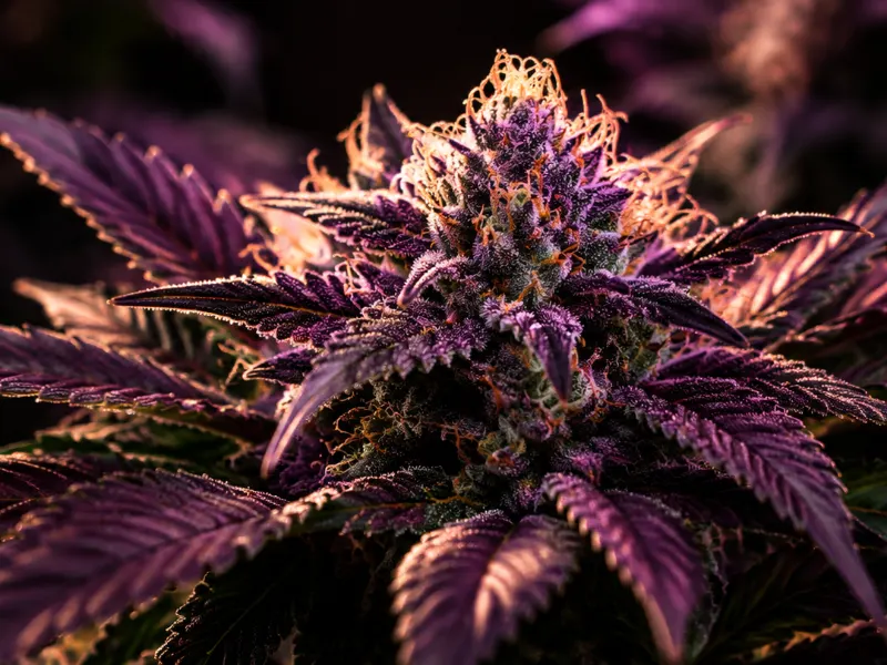 Close-up of a purple feminized cannabis flower