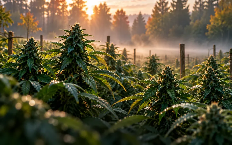Outdoor cannabis plants covered in dew in the September morning mist