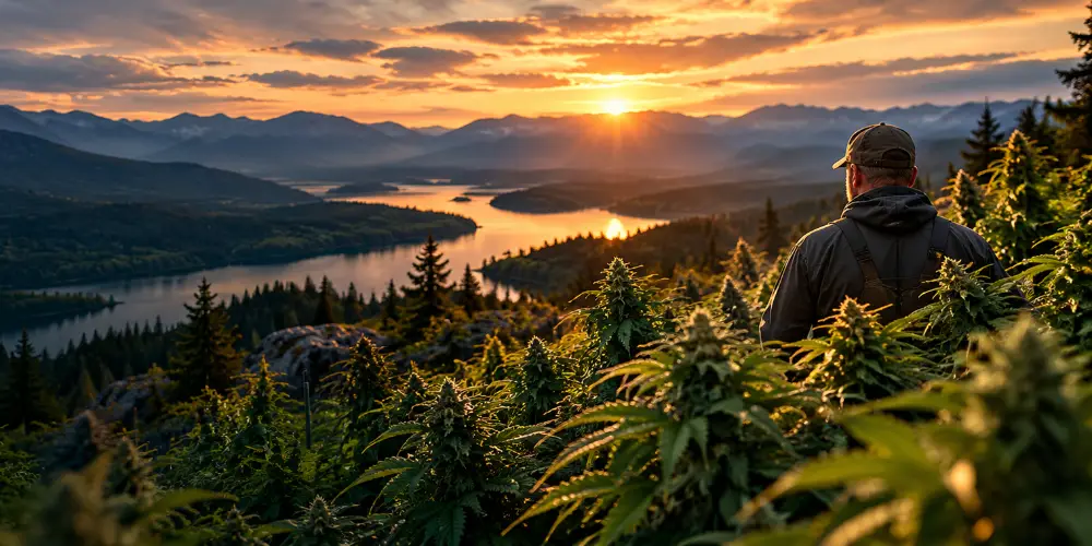Grower looking over a lake and mountains at sunset from a cannabis field